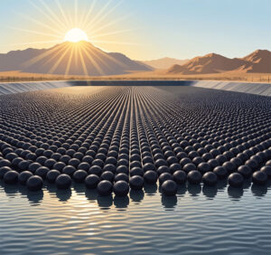Millions of 100mm black plastic shade balls floating on an industrial water reservoir for evaporation control and UV protection under sunlight.